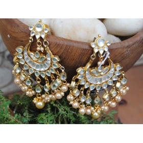 Polki Diamond Pearl Chand Bali Earrings